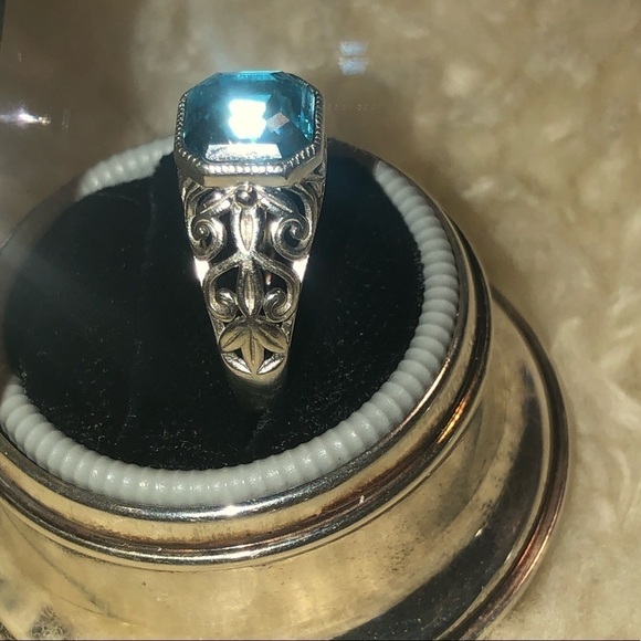 Vtg Sterling Silver & Blue Square Cubic Zirconia Floral Filirgree Band Sz 6.75 - Picture 5 of 12